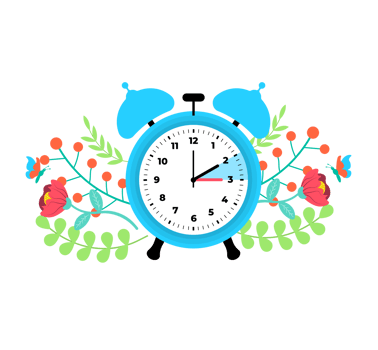 Spring forward Alarm Clock Illustration Floral Decoration, Time Theme - Cheerful blue alarm clock surrounded by spring flowers and leaves. Transparent background. png