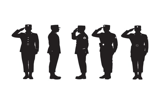 Five different army officers saluting in distinct formal postures with gold highlights vector