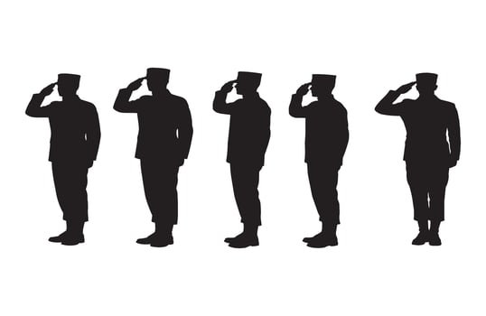 Group of officers standing in formation and saluting with formal uniform details vector