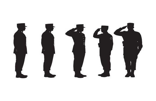 Army personnel saluting in five different postures representing discipline and unity vector