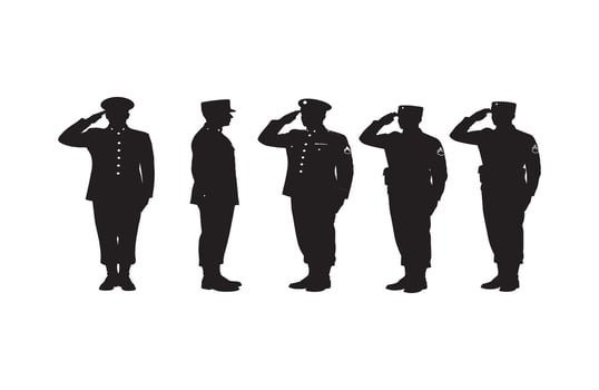 Silhouette of five military officers saluting in precise and formal positioning vector