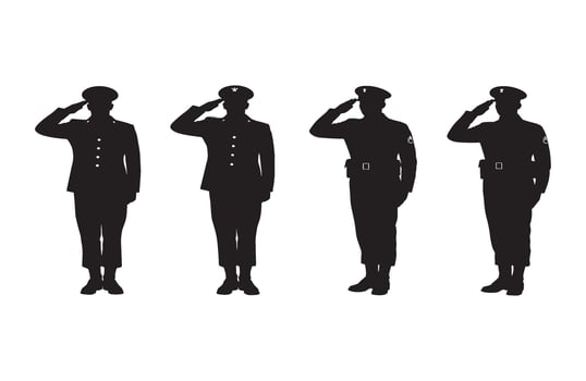 Military officer standing at attention saluting in dignified traditional uniform vector