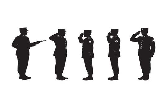 Black and gold military silhouette showcasing officers saluting in different stances vector