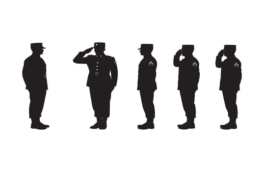 Silhouetted officers standing at attention saluting in a synchronized military stance vector