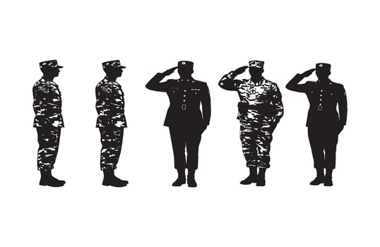 Army soldier standing at attention giving a respectful salute in black and gold illustration vector