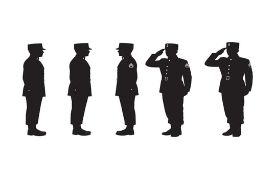 Five armed forces personnel saluting with precision in elegant black and gold illustration vector