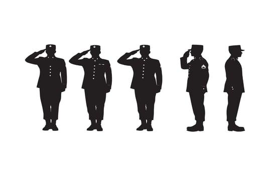 Military officer saluting in formal uniform with gold insignia in silhouette style vector