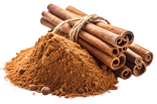 Cinnamon sticks tied with twine beside a mound of ground cinnamon, showcasing warm brown tones and rich textures. png