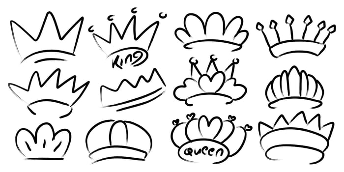 Hand drawn doodle art of crowns collection for king and queen. childish scribble vector