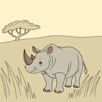 Cute Cartoon Rhino in Savannah Landscape vector
