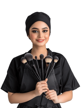 Smiling Young Woman Makeup Artist Holding Makeup Brushes Against Black Background png