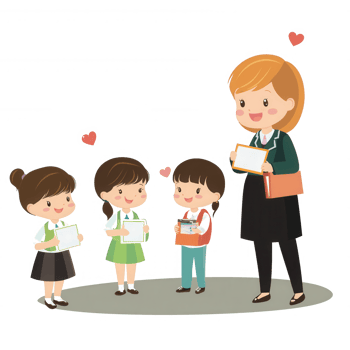 A caring teacher engages with her young students, sharing excitement and love for learning, depicted in a colorful and fun illustration. png