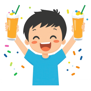 A cheerful boy holding two glasses of refreshing drinks, celebrating with joy. Colorful confetti surrounds him, creating a festive atmosphere. png