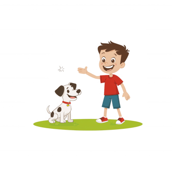 A cheerful boy waving happily at his playful dog in a park-like setting. The boy is dressed in casual clothes, and the dog appears excited and attentive, showcasing a joyful bond. png
