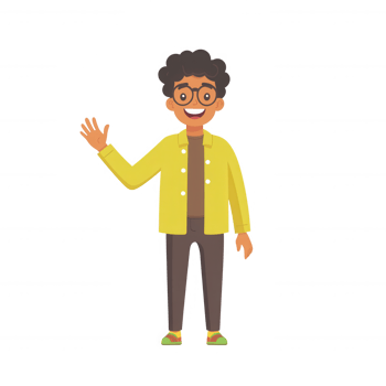 A cheerful character with curly hair and glasses, dressed in a yellow shirt and brown pants, waving happily, ideal for illustrations in various contexts. png