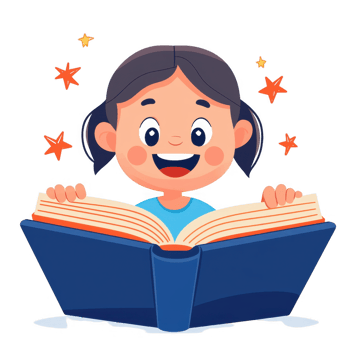 A cheerful child reading a large book, with excitement and wonder on their face, surrounded by colorful stars and sparkles, embodying the joy of storytelling. png