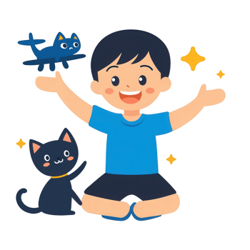 A cheerful child sitting with arms wide open, surrounded by a playful cat and a toy airplane, embodying joy and imagination, ideal for children's themes or playful activities. png