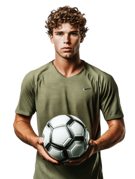 Young Man With Curly Hair Holding Soccer Ball Against Transparent Background in Studio Portrait png