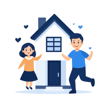 A cheerful couple celebrating their new home, showcasing happiness and love. The illustration features a small house, symbolizing dreams and togetherness. png