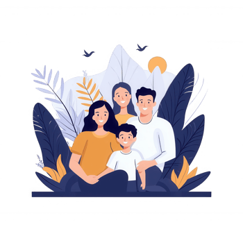A cheerful family portrait featuring four members with lush greenery in the background, conveying warmth and togetherness, perfect for family-related themes. png