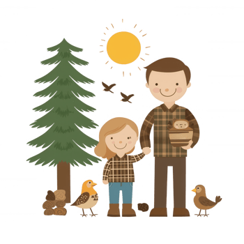 A cheerful family scene featuring a parent and child outdoors, surrounded by nature, trees, and birds, promoting joy and togetherness in a sunny setting. png