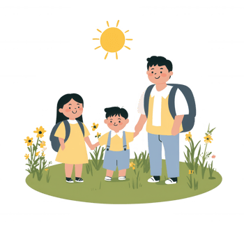 A cheerful family with two children, enjoying a sunny day in a flower-filled field, ready for outdoor adventures. png