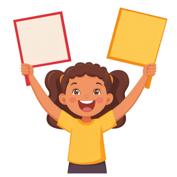 A cheerful girl holding two blank signs, expressing joy and excitement. Perfect for illustrating themes of communication, celebration, or childhood. png