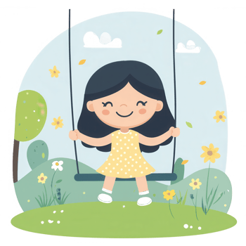 A cheerful girl in a polka dot dress swings joyfully in a vibrant garden, surrounded by flowers and trees, embodying the carefree spirit of childhood in a playful outdoor setting. png