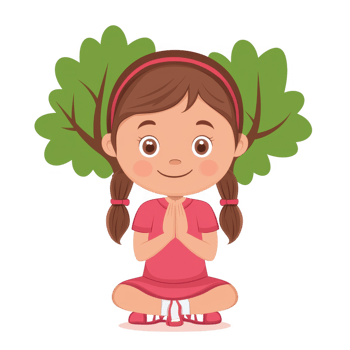 A cheerful girl sitting in a meditative pose, with green trees growing from her head, symbolizing peace and harmony with nature, on a clean white background. png