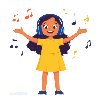 A cheerful girl wearing headphones, enjoying music, with colorful musical notes surrounding her. She is expressing joy and happiness in a vibrant and playful manner. png