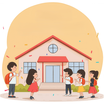 A cheerful group of children celebrating in front of a school building, with colorful confetti in the air, showcasing a joyful moment of childhood. png
