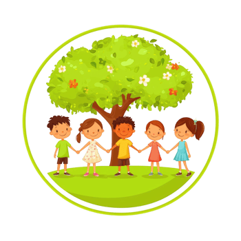 A cheerful illustration of five children holding hands under a leafy tree, representing friendship and community in a vibrant outdoor setting. png