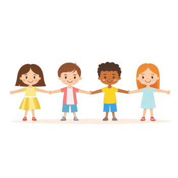 A cheerful illustration of four diverse children standing in a row, holding hands and smiling, representing friendship and unity. Ideal for educational or social themes. png