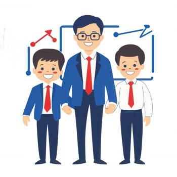 A cheerful man in a suit standing between two smiling boys. They are looking confident and happy, set against a backdrop of abstract upward trends. png
