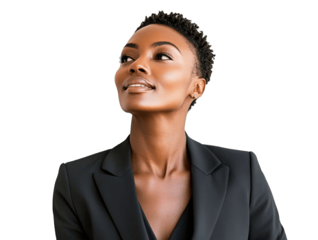 Confident Black Woman in Black Blazer Looking Up Against Transparent Background Studio Shot png