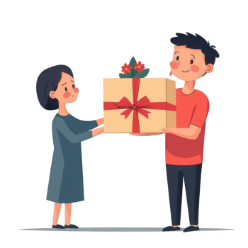 A cheerful scene of a woman receiving a gift from a man, both smiling, showcasing the joy of giving and receiving. Ideal for themes of celebration and relationships. png