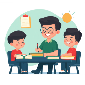 A cheerful teacher helps two students with their studies at a table. The environment is bright and welcoming, promoting a love for learning and collaboration among children. png