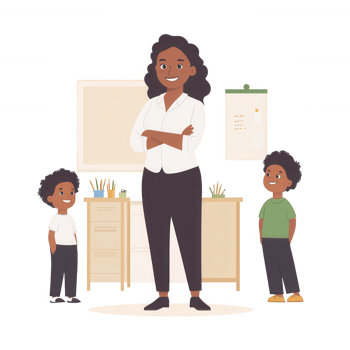 A cheerful teacher stands confidently in a classroom with two smiling students, surrounded by learning tools and resources, highlighting a positive educational environment. png