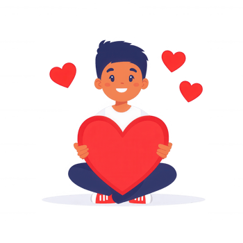 A cheerful young boy holding a large heart with floating hearts around him, symbolizing love and joy, on a white isolate background. png