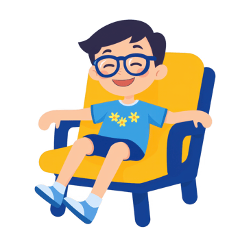 A cheerful young boy wearing glasses sits comfortably in a bright yellow chair, exuding happiness and enjoyment in a cozy setting. png