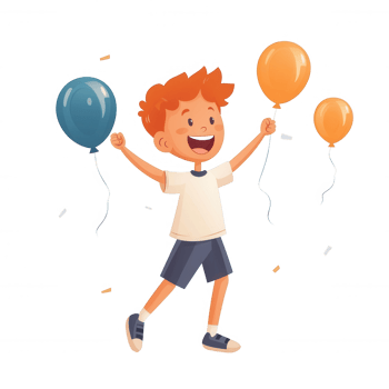 A cheerful young boy with orange hair joyfully holds three colorful balloons, celebrating an event. His expression radiates happiness and excitement, perfect for festive themes. png