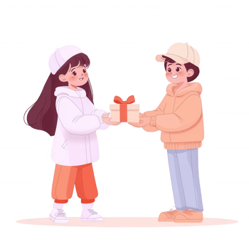A cheerful young girl and boy exchanging a gift, dressed in cozy winter attire, showcasing themes of friendship and generosity. png