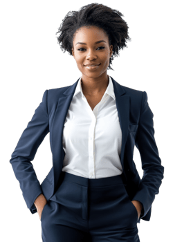 Confident Young Woman In Navy Business Suit Posing Against Transparent Background png