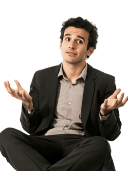 Confused Man Gesturing With Open Hands Wearing Suit Jacket With Patterned Shirt against Transparent Background png