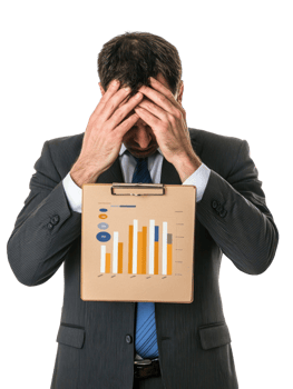 Distressed Businessman In Suit Holds Head Over Financial Chart With Data Transparent Background png