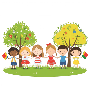 A colorful illustration of six diverse children holding hands and standing together in a park with trees and flowers, symbolizing friendship and unity. png