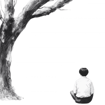 A contemplative scene depicting a boy sitting beneath a tree, lost in thought, conveying solitude and introspection. png