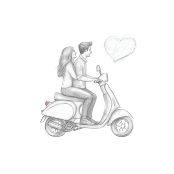 A couple joyfully riding a scooter together, depicted in a whimsical sketch style with a love heart above them, perfect for representing romance and adventure. png