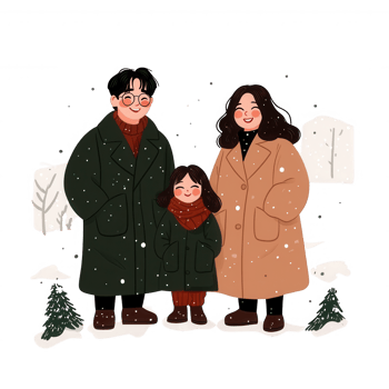 A cozy winter family portrait featuring a mother, father, and child bundled in warm coats, surrounded by falling snow and evergreen trees. png