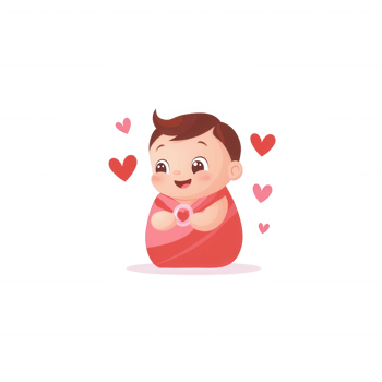 A cute cartoon baby wrapped in a red blanket, surrounded by pink hearts, exuding happiness and love. Perfect illustration for family and parenting themes. png